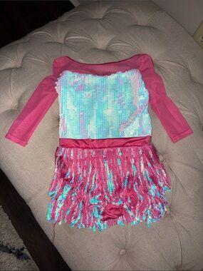 Weissman Hot Pink and Iridescent Sequin Fringe Dance Costume